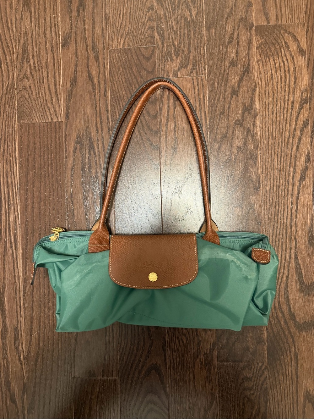 Longchamp Green Nylon Tote with Brown Leather Trim